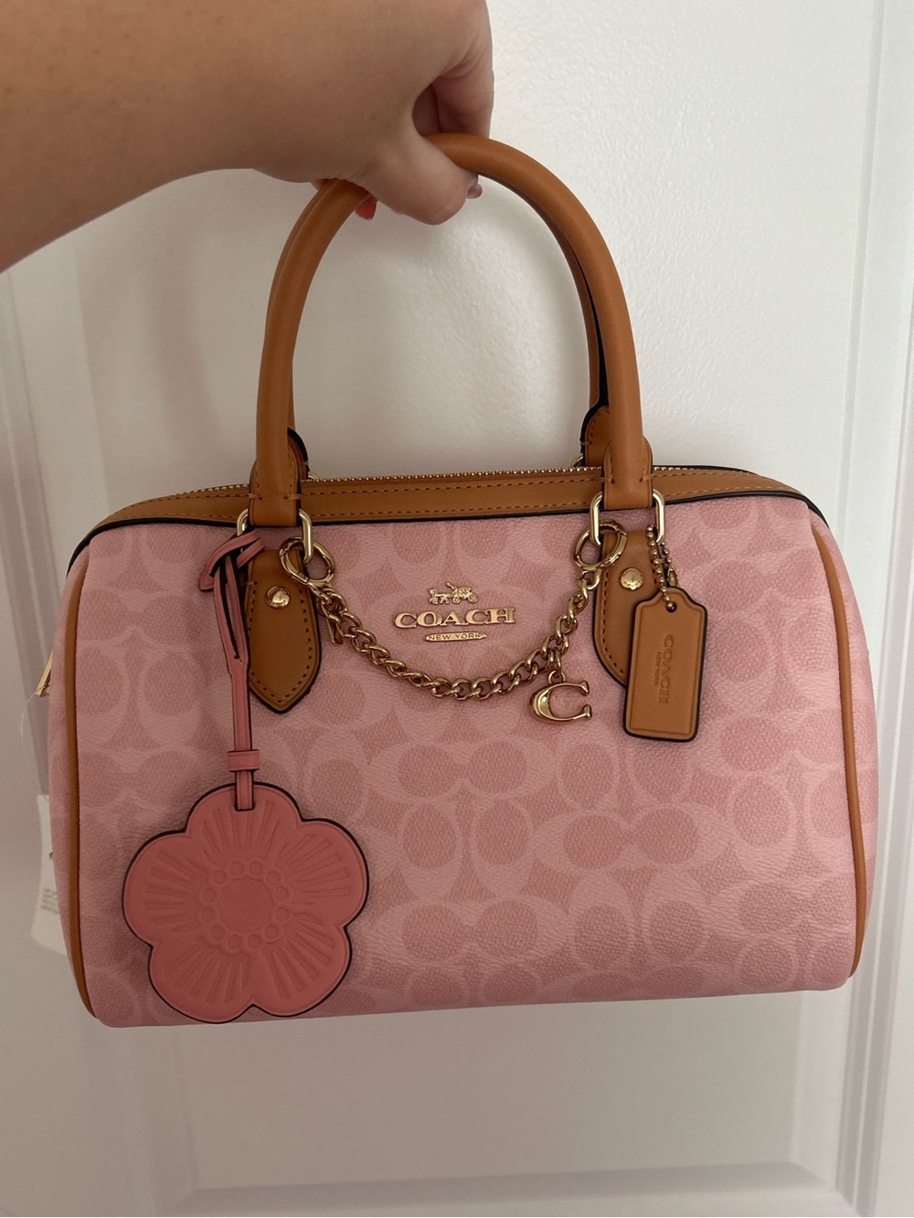 coach powder pink medium rowan satchel in signature canvas